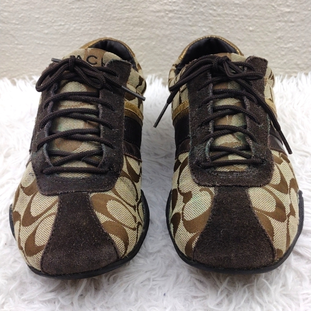 Coach Jayme Brown Suede Signature Canvas Metallic Detail Lace Up Sneaker - Picture 2 of 16